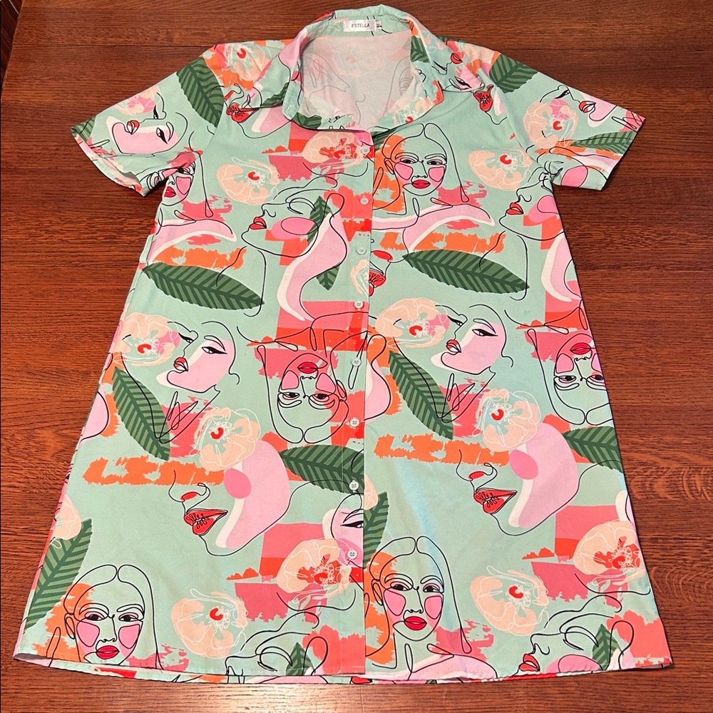 Abstract Face and Floral Print Shirt Dress
